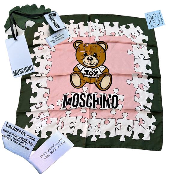 Moschino 100% Silk Puzzle Piece Teddy Bear Square Scarf - Picture 1 of 7